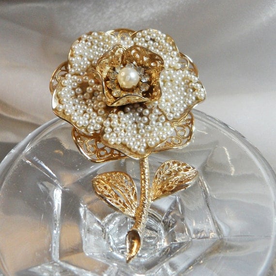 Vintage Large Coro Seed Pearl Flower Brooch. Pearl and by waalaa