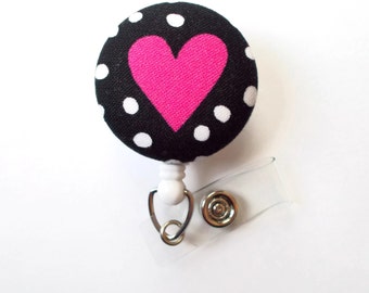 Pink Heart Polka Dot Fabric Badge - Retractable ID Badge Holder - Valentine Badge Reel - Nurses Badge Holder - Cardiac Badge - Teacher ID