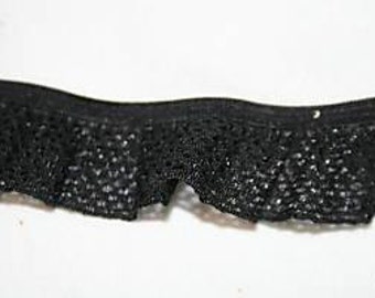 2 yards Black Mesh stretch ruffle lace elastic sewing trim 1" wide