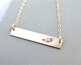 Gold Bar Necklace, Hand Stamped with Feather. Delicate Gold Necklace. Boho Chic, Minimalist. Bar Necklace, Gold Jewelry.