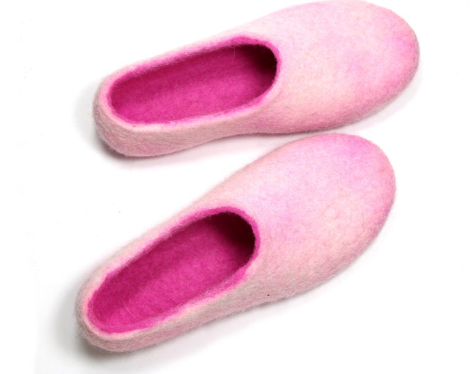 Pink Slipper, Gifts for Women, Size US 8, Woolen Slipper, Hot Pink White, Ready to Ship, Warm Slippers, Cold Feet, Felt House Shoes