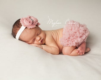 Baby Bloomer Set, Dusty Rose Chiffon Ruffle Bloomer and Headband, Vintage Pink Bloomer, Photo Prop Set, Newborn Bloomer, Ruffle Diaper Cover