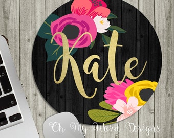 Personalized Mouse Pad-Monogram Mouse Pad-Desk Accessories-Watercolor Flowers-Round Mouse Pad-Rugby Stripes