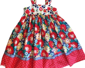 Girls Reverse Knot Dress Blueberries and Strawberries
