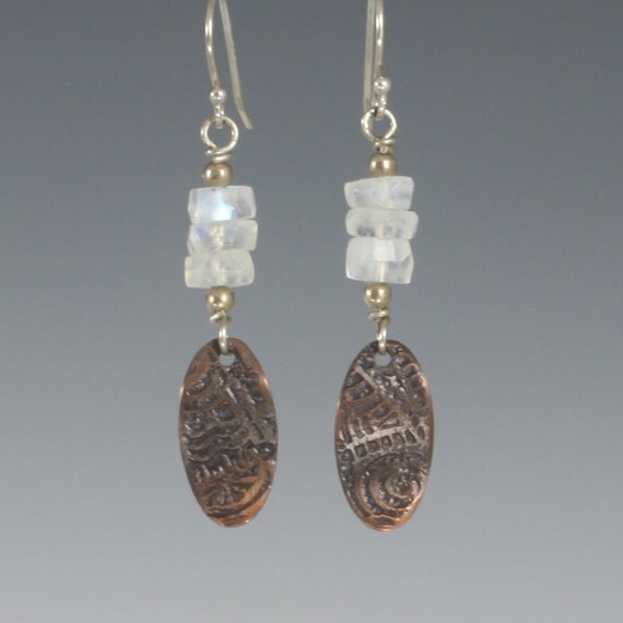 etched copper and moonstone earrings by Likos on Etsy