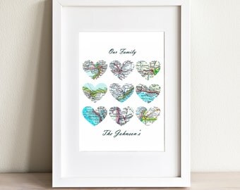 CUSTOM Nine Heart Map Art Print. Print Only. You Select 9 Cities Worldwide And Your Personaized Text. Grandparent Gift. Gifts For Mom or Dad