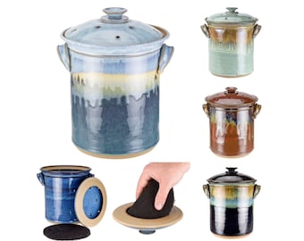 Hand Thrown Pottery Compost Jar with Filter Holding Ventilated Lid your choice of glaze. Made to order-->> up to 8 weeks