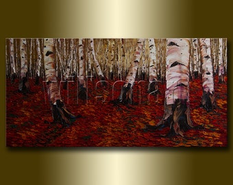 Birch Tree Forest Seasons Landscape Painting Oil on Canvas Textured Palette Knife Contemporary Original Modern Art 20X40 by Willson Lau