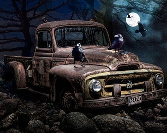 Black Ravens with Old Vintage International Harvester Pickup Truck in the Moonlight No.16603 A Surreal Fantasy Photograph