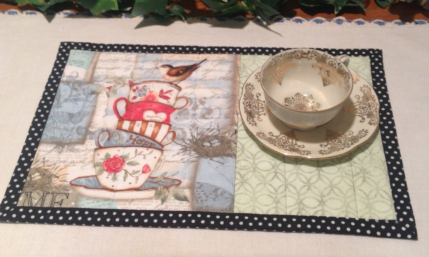 Mug Rug Quilted Snack Mat Tea Cup Design Candle Mat