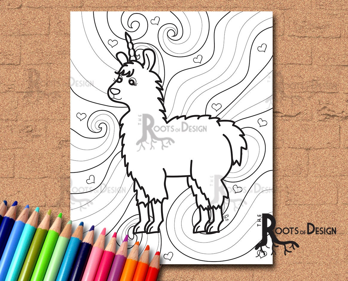 instant download coloring page fun llamacorn doodle art