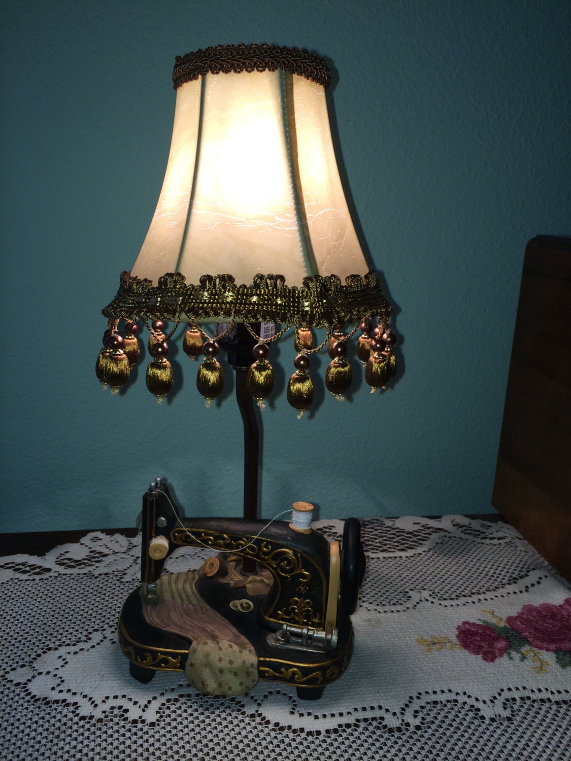 Vintage Sewing Machine Lamp with Custom Trimmed Shade