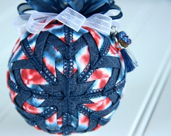 Bohemian Quilted Ornament Ball/Blue and Red - Free Spirit
