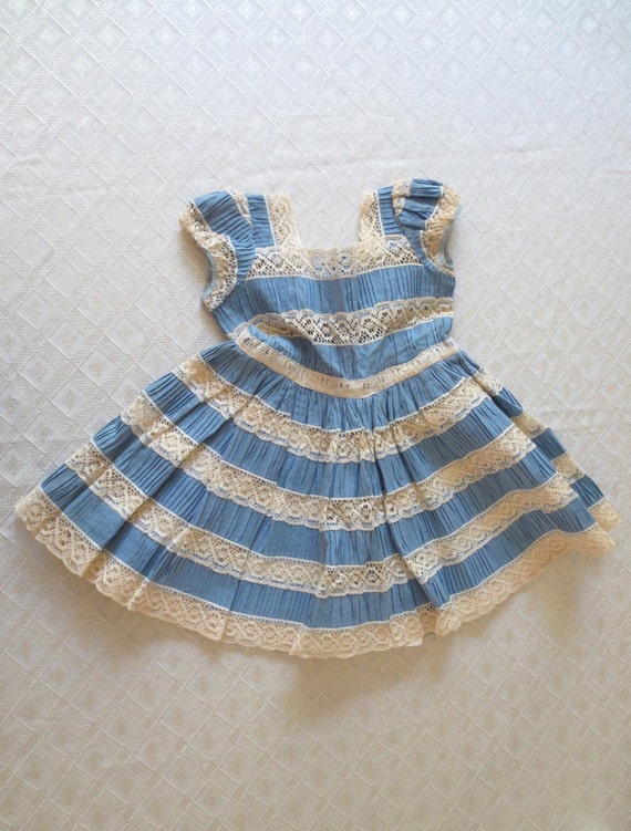 RARE 50s Girls Dress Blue and Lace Striped Dress Muslin Petticoat SIZE 6 Movie Costume Summer Dress Birthday Girl Dress Jackpot Jen Vintage