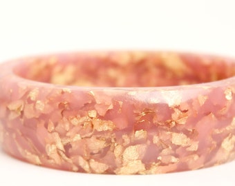 dusty rose oval eco resin bangle bracelet with gold leaf flakes