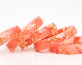 resin ring - size 8 thin multifaceted eco resin ring | sunset orange with gold leaf flakes