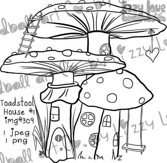 INSTANT DOWNLOAD Digital Stamp Cute Little Whimsical Mushroom Home - Toadstool House No. 1 Image No.309 by Lizzy Love