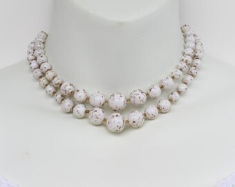 SALE 10 PERCENT OFF Vintage Signed Japan Double Two Strand Opaque White Speckled Metallic Gold Beaded Adjustable Length Necklace