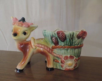 Kitchy Deer Planter Ceramic Deer Planter Vintage Deer Pulling Wagon Planter Vase Pencil Storage