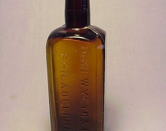 c1890s John Wyeth & Bro. Philadelphia, PA., Cork Top Amber Blown Glass Medicine Bottle