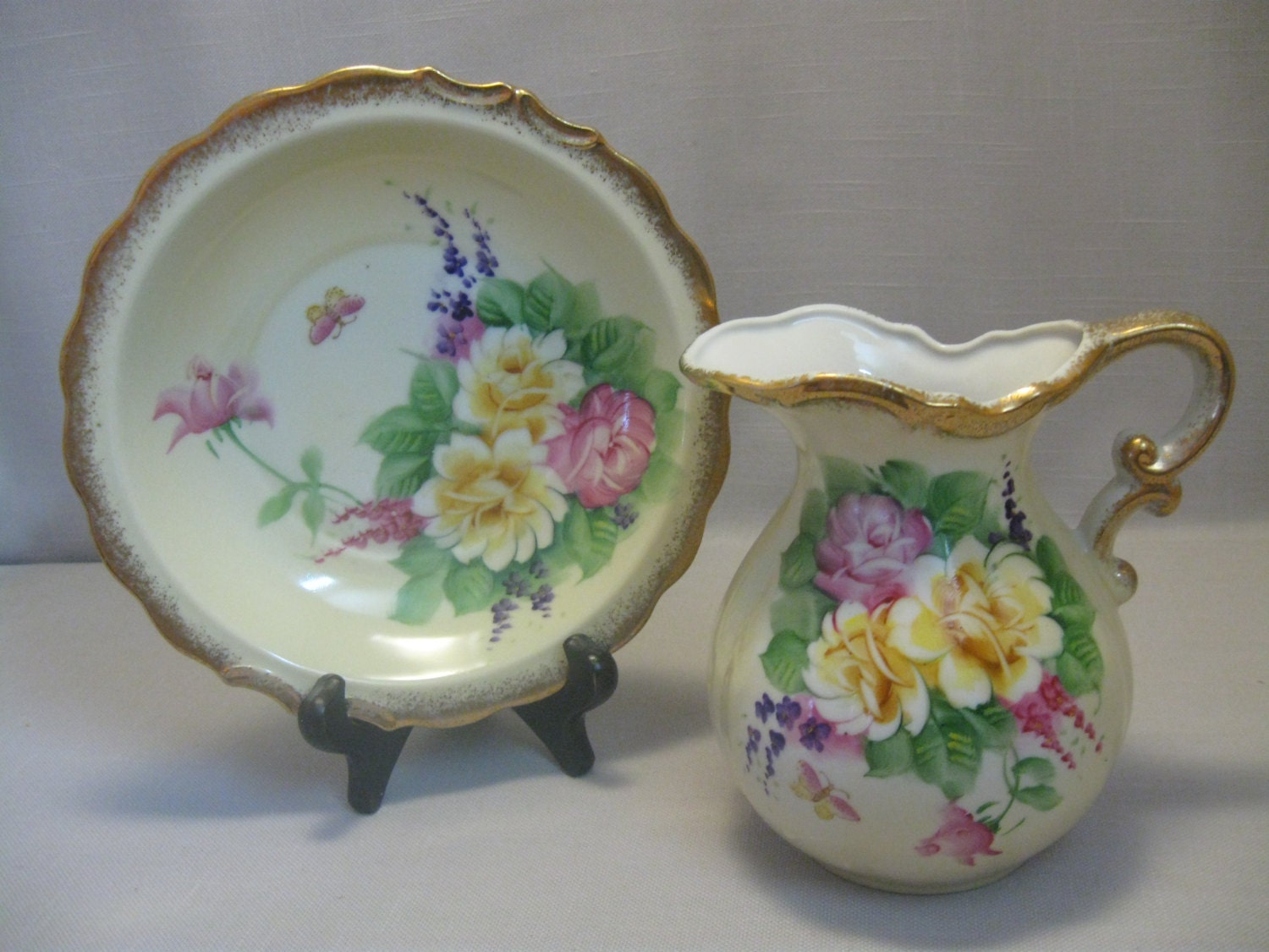 Lefton China SL7642 Hand Painted Pitcher Wash Bowl Flowers