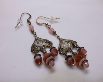 Antique Copper Art Nouveau And Cranberry Glass Beads Chandelier Earrings