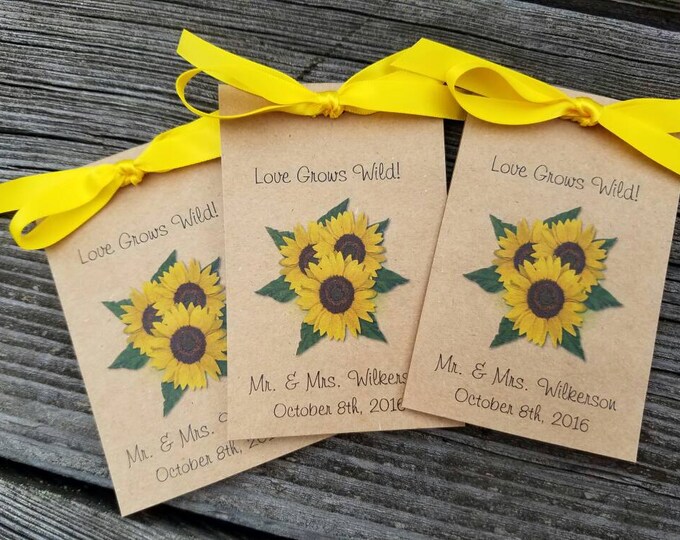 Rustic and Shabby Chic favors -Personalized Sunflowers Wedding Bridal Shower Favors Anniversary Seeds Engagement party Birthday keepsakes