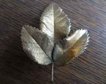 Vintage Gold Tone Three Leaf Pin/Brooch Leaves 1960s to 1980s Real Leaves