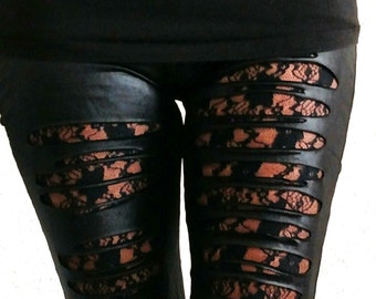 LEATHER & LACE Ripped Black Lace Faux Leather Leggings