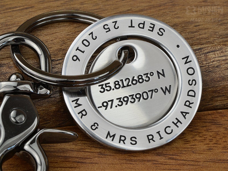 PERSONALIZED | Two Piece Stainless Keychain- Any text or GPS coordinates, Family keychain, Wedding gift, Mens anniversary, housewarming gift