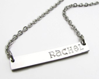 Personalized Bar Necklace, Stainless Steel Bar Necklace, Personalized Necklace, Hand Stamped Minimalist Silver Bar Necklace 16", 18", 20"
