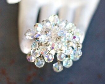 Iridescent Faceted Glass Crystals Brooch - Vintage Dangle Lapel Pin