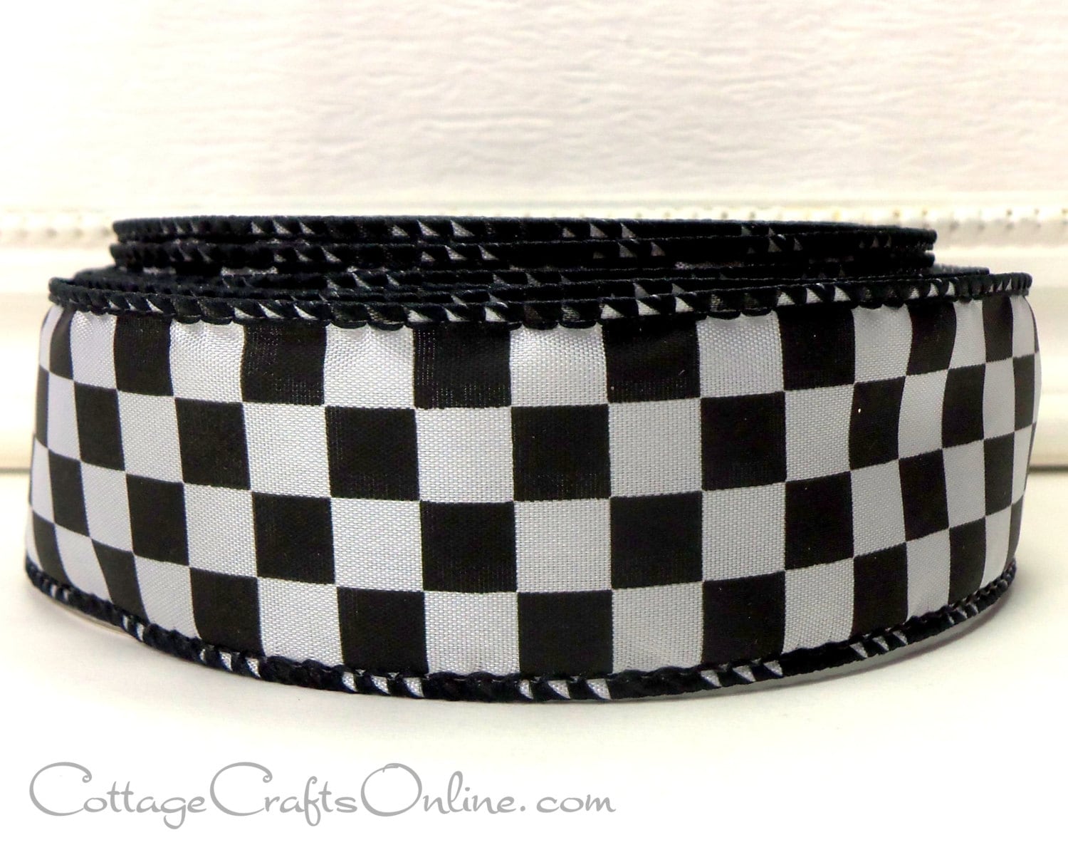 Wired Ribbon 1 1/2 Black and White Check Plaid