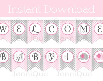 Printable Welcome Baby Banner, Pink and Gray Elephant Baby Shower Decoration, Printable Banner, Baby Shower Idea, Girl Baby Shower Idea