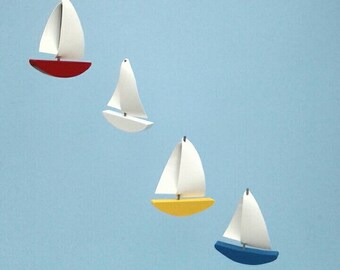 Sailboat Mobile,C2,Baby Mobile,Multi Painted Wood,Vinyl Sails,Sailboat,Mobile,Kinetic,Nautical,Baby Nursery,Kid Mobile,Boat Mobile,Ocean Art