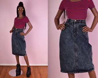 80s Acid Wash Denim Skirt/ 29 Waist/ 1980s/ Stone Wash