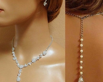 Silver Teardrop Bridal Jewelry Set, Backdrop Necklace Earring Jewelry Set, Handmade Crystal Wedding Jewelry, Dainty Bridesmaid Gift Set
