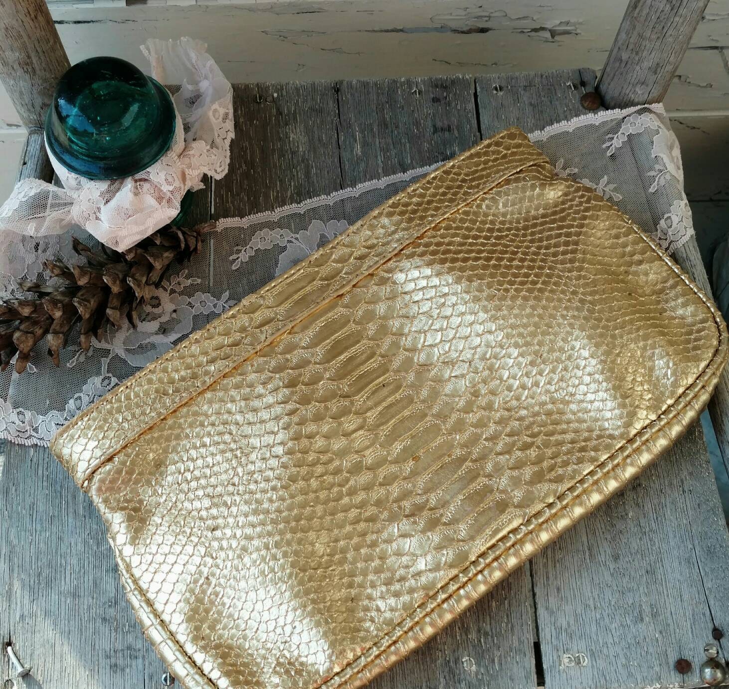 Retro Metallic Gold Clutch With Faux Snakeskin Pattern by