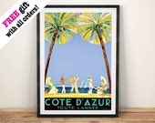 Costa Azur Póster: Vintage Anuncio de viaje, Arte Imprimir pared Colgando