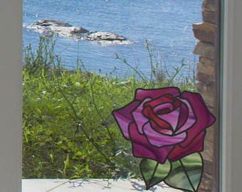 CLR:WND - Rose Stained Glass -D1- See-Through Vinyl Window Decal - © 2015 YYDC (5.5"w x 5.75"h) (Color Choices)