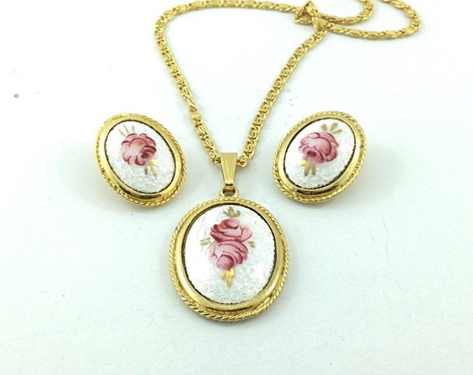 Pretty Vintage White Enamel with Pink Rose Guilloche Necklace with matching guilloche Earrings. Clip ons. Pink rose necklace & rose earrings