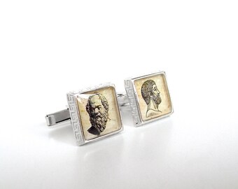 Solid Sterling Silver Philosophy Cuff Links - Socrates and Plato Greek-Style Cufflinks