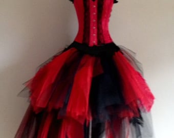 Red Black Peacock Feather Skirt and Corset