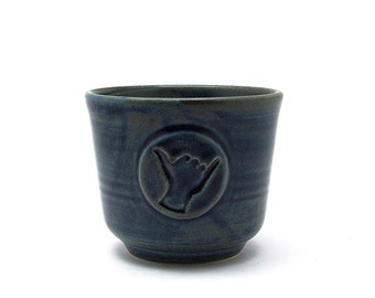 Shaka Shaving Bowl, Blue Hang Loose Shave Cup, Aloha Spirit Handmade Wet Shaving Pottery Gifts for Surfer Men Husband Gift - Ready to Ship