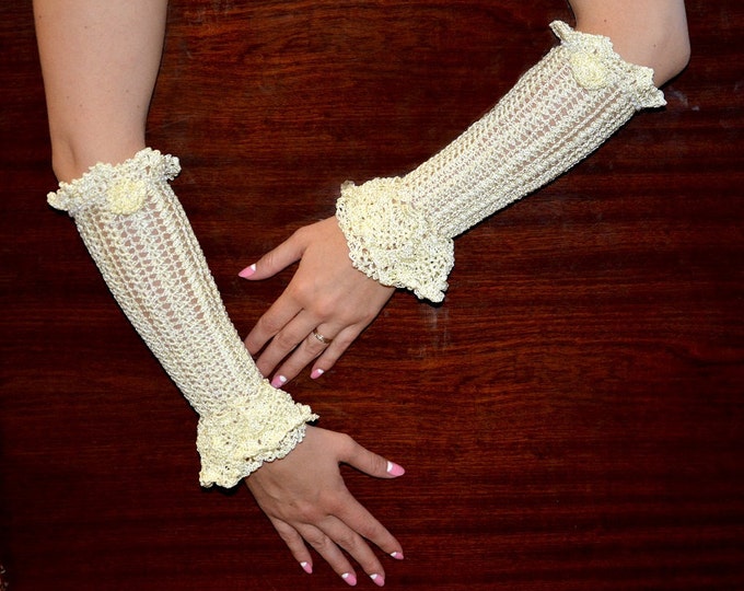 Ready to ship: Wedding, special occasion, evening crochet gloves with pearls