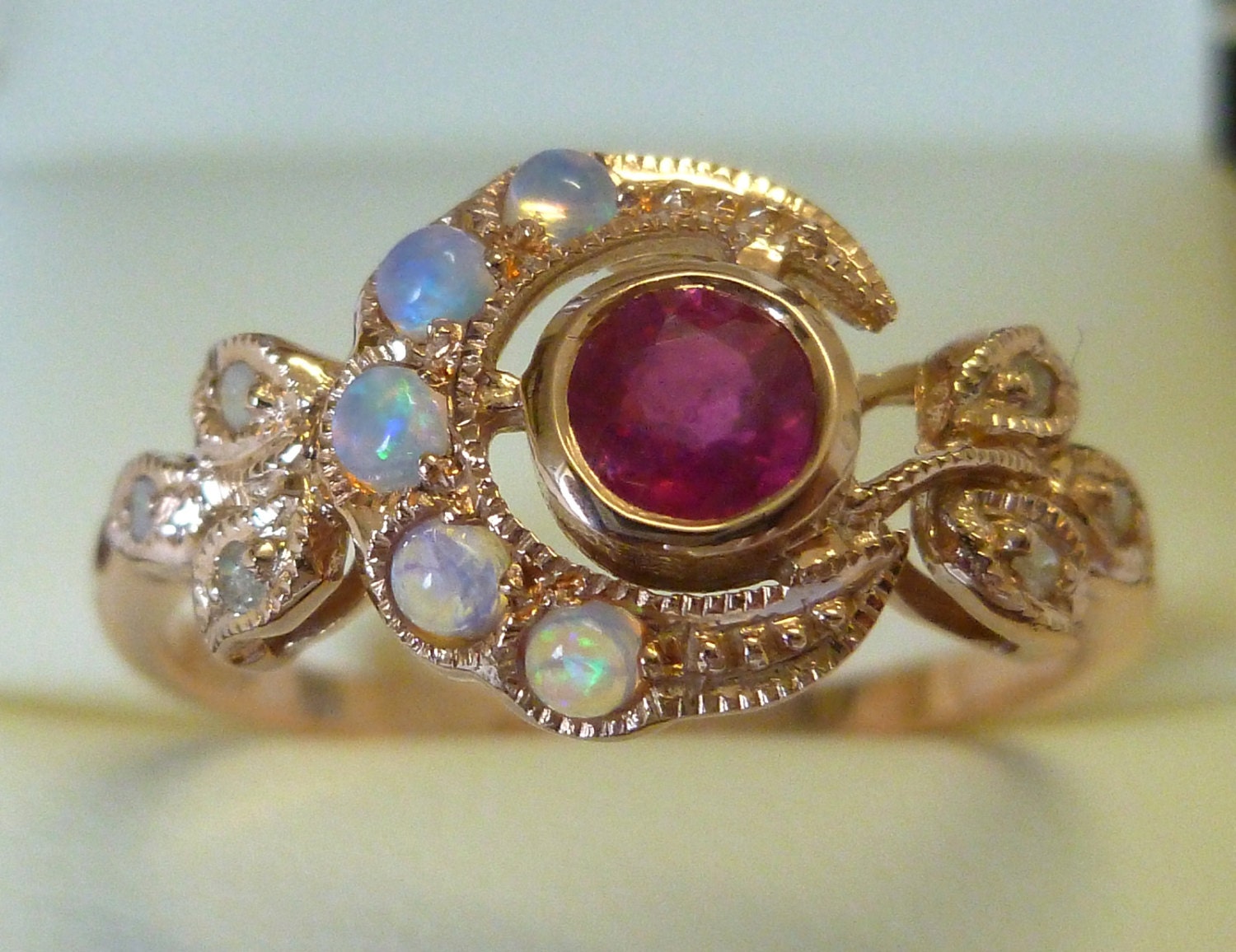 Vintage Ruby Ring 9ct 9k Rose Gold Opal Ring Diamond Antique