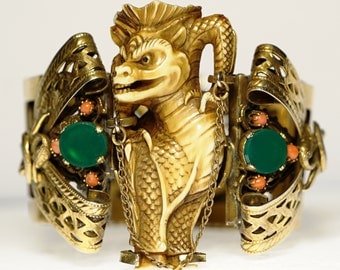 Rare Foo Dog Dragon Serpent Jade Coral Hinged Cuff Bracelet