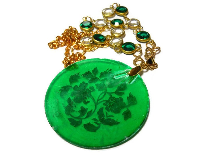Handmade Capiz shell pendant with gold floral decal, wire wrapped infinity connectors, green and clear Swarovski crystal beads, gold plated