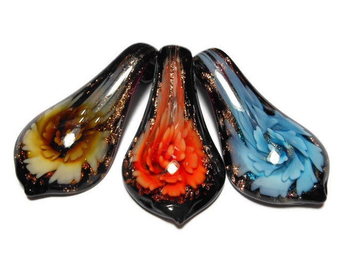 Murano Lampwork Glass Pendant, your choice of one of six colors, 50mm X 30mm, floral water drop with copper colored foil accents, per piece