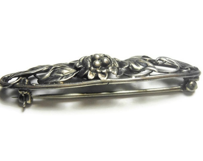FREE SHIPPING 1930s Art Nouveau bar pin, floral sterling silver repoussé brooch, open work, rose and leaves in scroll work